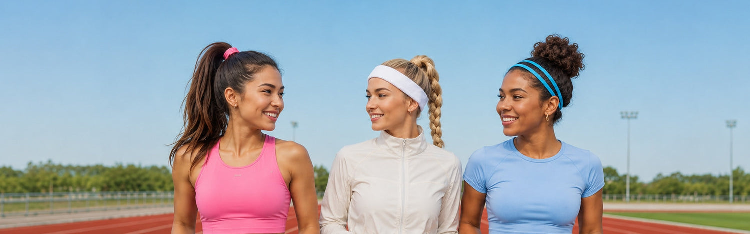 Modellen op een sportbaan met haaraccessoires in het haar