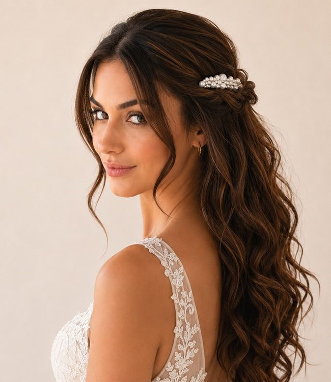 Model met een haarkam prachtige parels
