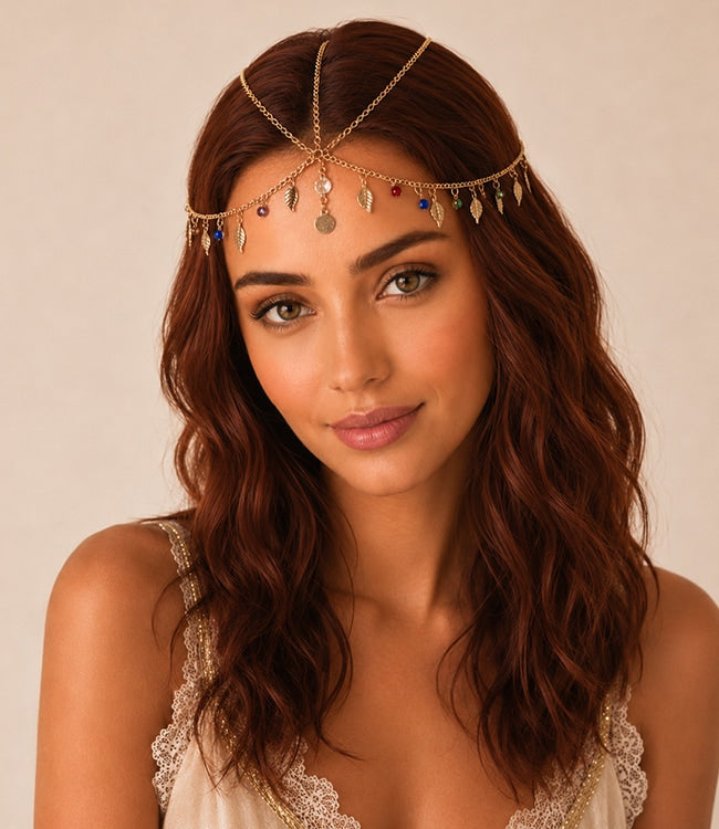 Model met een haarketting goudkleurig leaves en strass steentjes