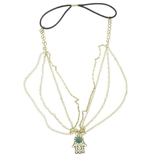 Haarketting goudkleurig steen kleur aqua hand