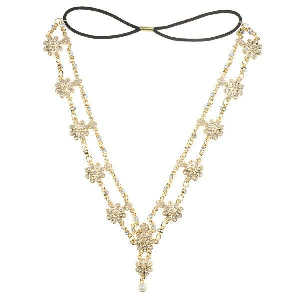 Haarketting goudkleurig strass crème bloemen