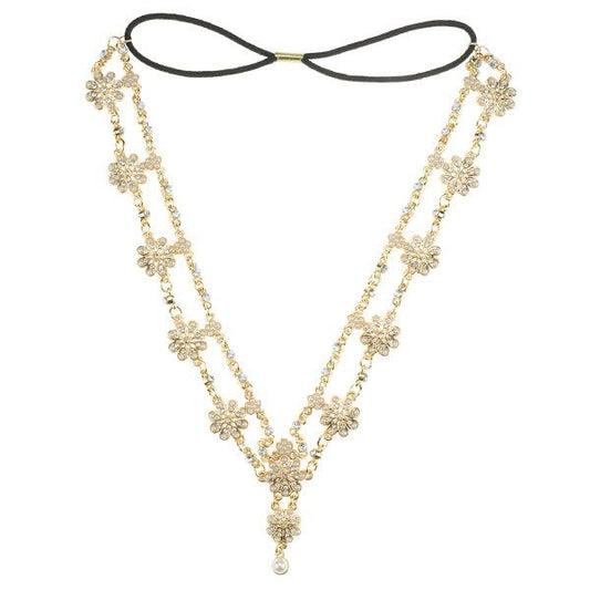 Haarketting goudkleurig strass crème bloemen