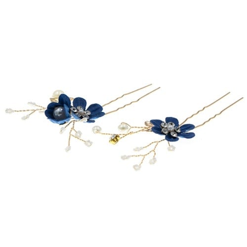 Haarpinnen goudkleurig bloemen blauw 2 stuks