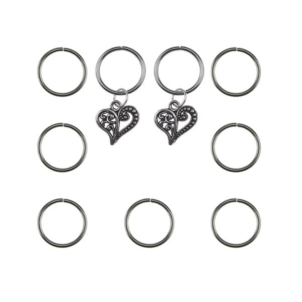 Hair rings 9 stuks met 2 bedels hart zilverkleurig