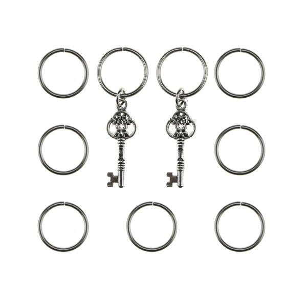 Hair rings 9 stuks met 2 bedels sleutel zilverkleurig