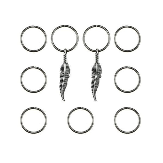 Hair rings 9 stuks met 2 bedels veer zilverkleurig