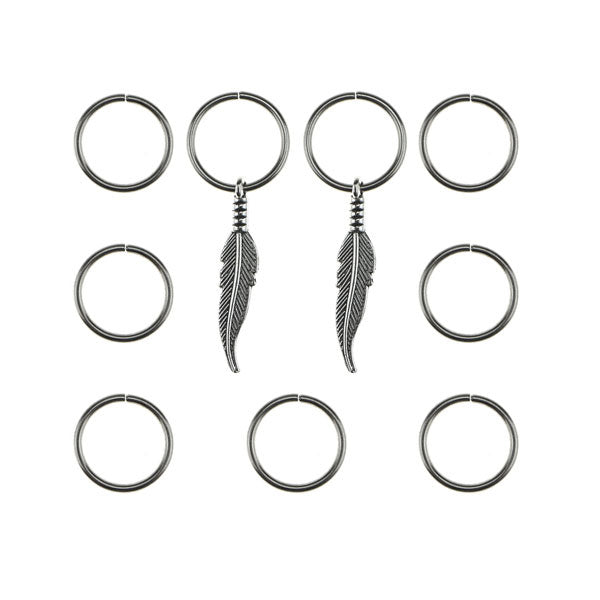 Hair rings 9 stuks met 2 bedels veer zilverkleurig