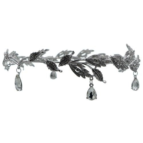 Tiara zilverkleurig bladeren en stenen